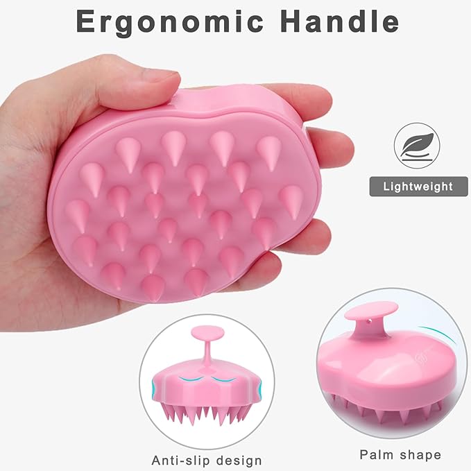 FREATECH Massager Shampoo Brush with Soft Silicone Bristles for Scalp Care, Shower Hair Scalp Scrubber Exfoliator for Dandruff Removal and Hair Growth, Wet & Dry for Men, Women and Kids, Pink