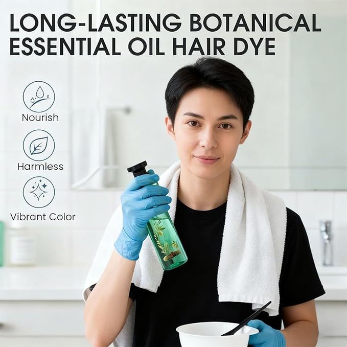 Long-Lasting Botanical Essential Oil Hair Dye,Mild Formula Long Lasting Hair Dye Set,Plant-Based Hair Color for Gray Coverage (Natural Black)