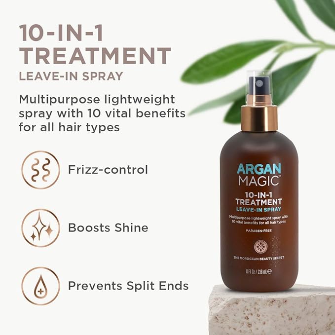 Argan Magic 10 in 1 Hair Treatment & Stylizing Multipurpose Leave in Spray for all Hair Types | Made in USA | Paraben Free | Cruelty Free (8 oz)