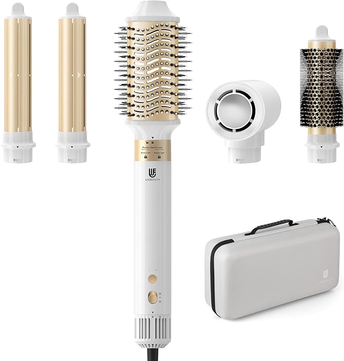 5 in 1 Hot Air Brush Hair Dryer Air Styler - 110,000 RPM Fast Drying, Curling, Straightening with Ceramic Coating & Negative Ion, No Heat Damage for All Hair Types, Includes Travel Case (White)