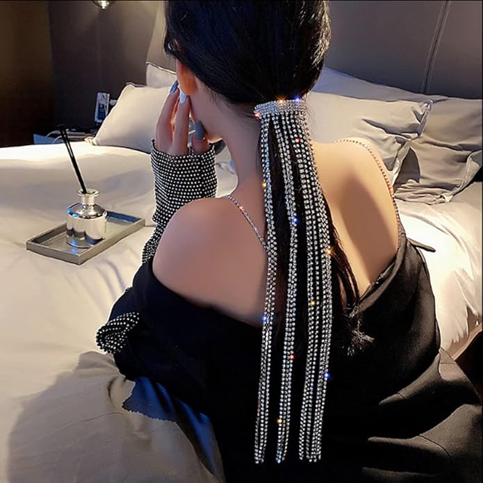 Wekicici Rhinestones Long Chain Tassel Hairwear Bling Bling Crystal Hair Shiny Hairpin Ponytail Hair Accessories for Women