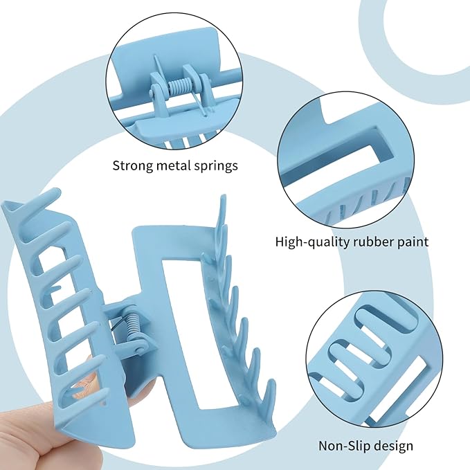 4 Inch Big Hair Claw Clips 6 Pcs Large Claw for Thick Hair Square Hair Clips for Women Rectangle Hair Clips Nonslip Acrylic Banana Jaw Clips Hair Accessories for Girls (Blue)
