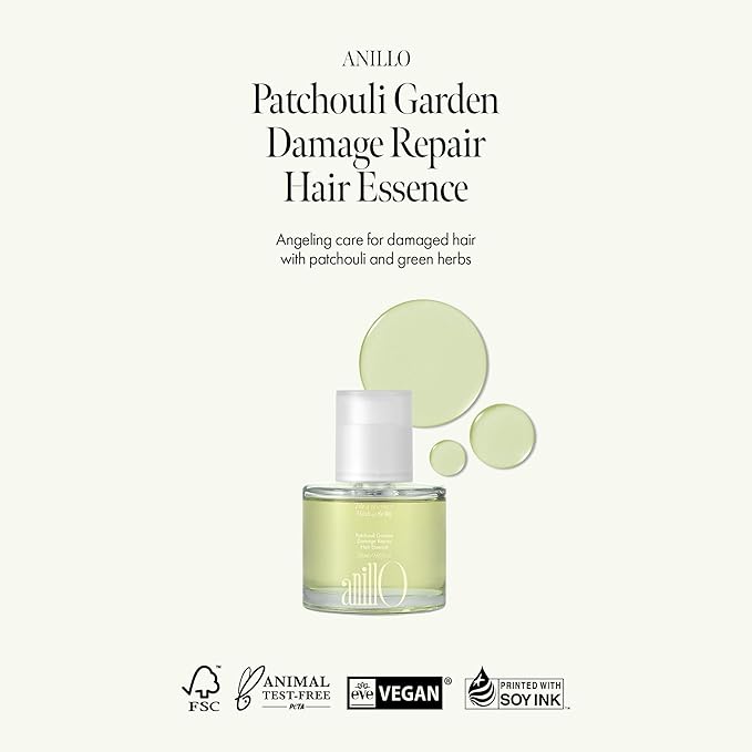 ANILLO Patchouli Garden Damage Repair Hair Essence – Korean Hair Essence Oil for Damaged Hair w/Patchouli Leaf Water, Protein Complex & Amino Acids – Vegan Leave in Hair Serum (50ml / 1.69 fl. Oz)