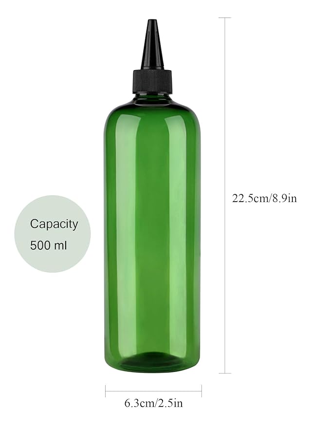 Squeeze Bottles for Hair - 16 Ounce Applicator 2 Pack, Green PET Plastic Refillable With Twist Top Cap for Hair Dye and Oil