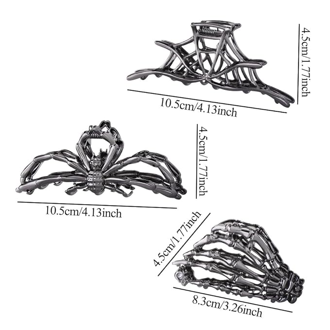 3PCS Black Spider Web Skeleton Hand Skull Hair Claw Clips for Women And Girls, Hiphop Metal Large Medium Size for Thick Thin Hair, Headband Barrette for styling Hair Accessories Party Gift (Black Gun)