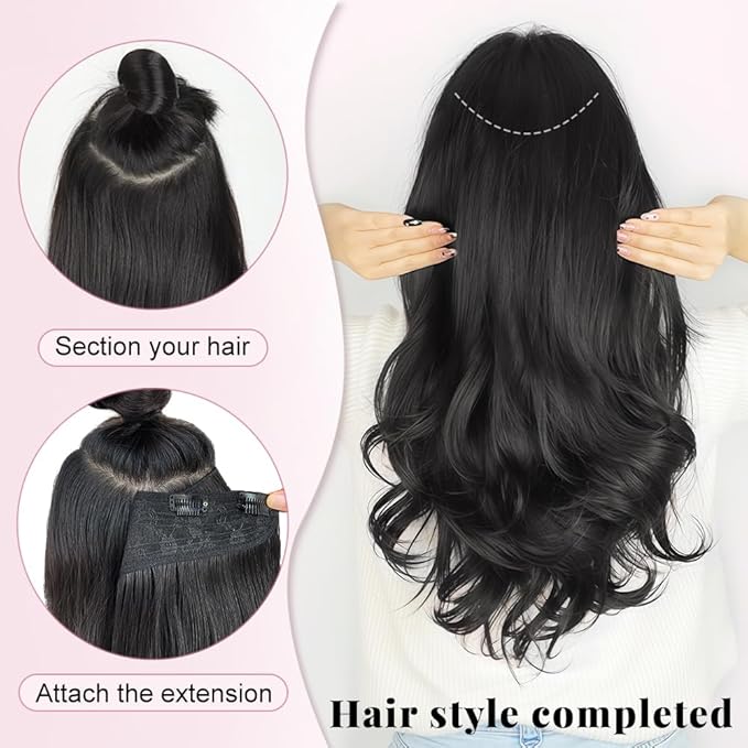 ALXNAN Clip in Hair Extensions, Black Long Wavy Hair Extensions for Women Clip Ins Soft Full Head Synthetic Hairpieces 20 Inch