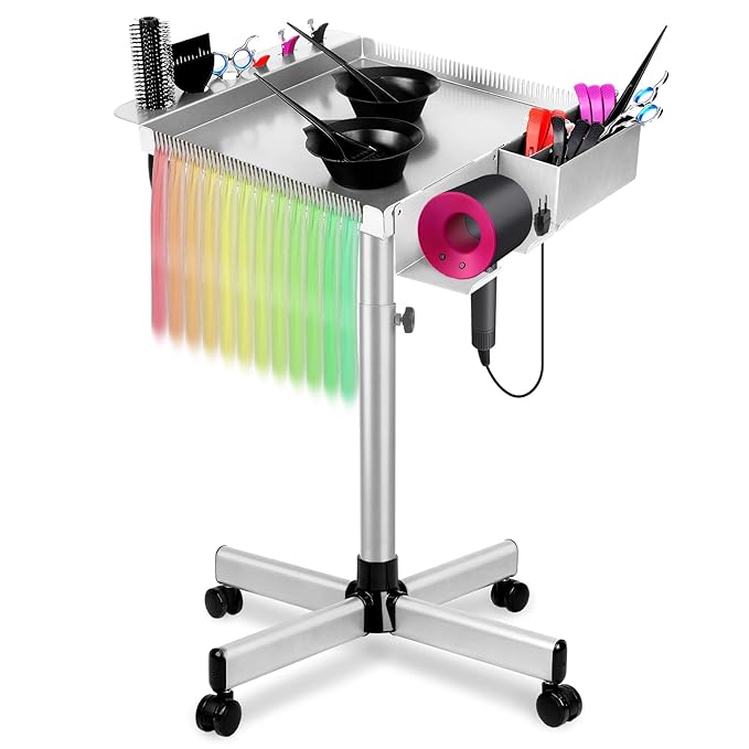 Salon Rolling Tray on Wheels, Hairstylist Tray with Storage Platform and Hair Separator Stand for Salon Station, Salon Tray Cart, Metal Service Instrument Storage Tray Accessory for Salon&Spa Use