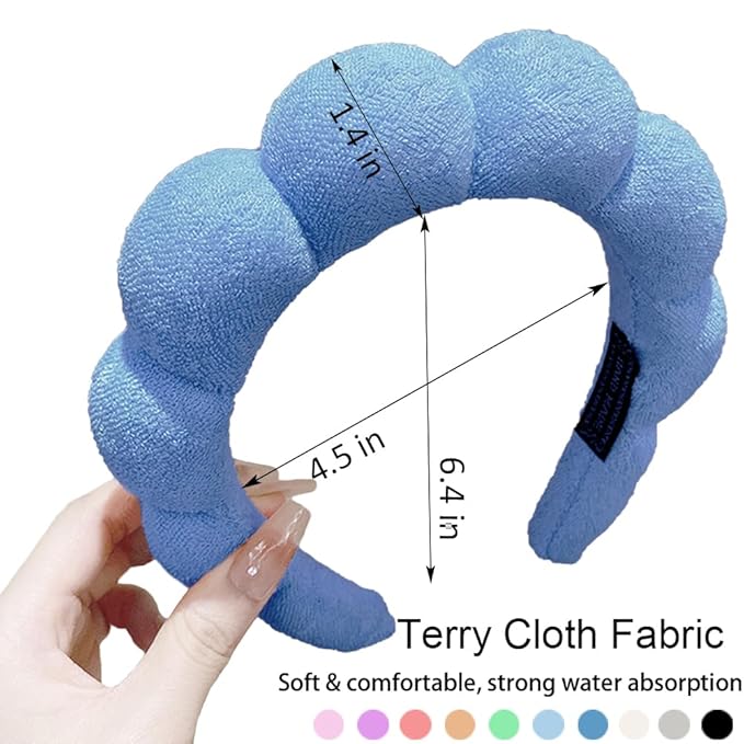 Spa Headbands for Washing Face or Makeup, Sponge Bubble Skincare Headbands, Puffy Terry Cloth Hairband for Women, Skin Care Makeup Headwear Hair Accessories for Girls(Dark blue)