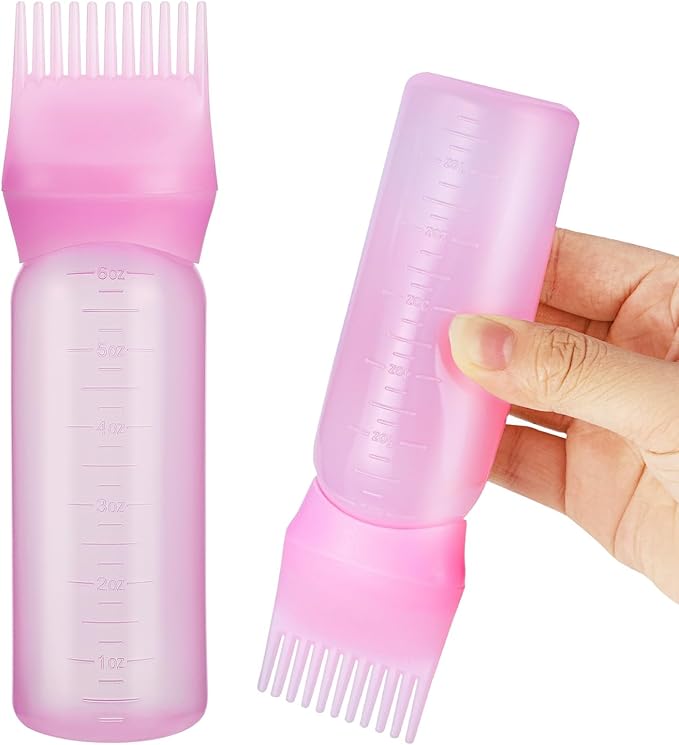 Pimoys Root Comb Applicator Bottle 6 Ounce, Oil Applicator for Hair Dye, Hair Oiling Bottle Brush with Graduated Scale, Pink