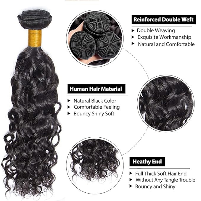 28 30 32 Natural Black Water Wave Bundles Human Hair Color 1B Bundles Niegmeag Peruvian Virgin Soft and Silky Remy Hair Extensions Double Weft Color 1B Wet and Wavy Bundle