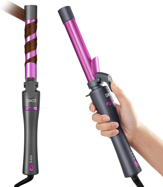 SKG Automatic Rotating Curling Iron, 1-Inch Ceramic Barrel, 2-Way Rotation, 3 Heat Levels, 60s Fast Heating, 30-Min Auto Shut-Off, Dual Voltage, for Effortless Beach Waves & Curls