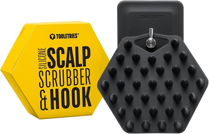 TOOLETRIES Scalp Scrubber & Hook - Silicone Exfoliating Hair Scrubber for Men, Bath & Shower Accessories - Features Silicone-Grip Technology, Removable & Reusable