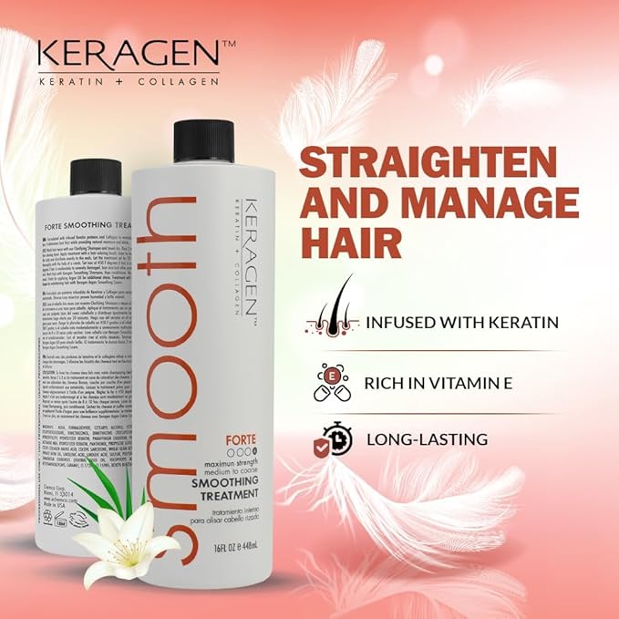 KERAGEN - Brazilian Smoothing Keratin Hair Treatment, Blowout Straightening System for Dry and Damaged Hair - Forte, Sulfate Free - Eliminates Curls and Frizz, Medium to Coarse Hair (16 Oz)