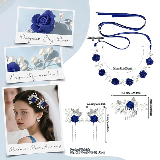 Wedding Hair Accessories Hair pieces Set Crystal bridal hair pins Rhinestone Pearl hair comb Brides and Bridesmaids, Girls, Women(（4PCS/SET BLUE)