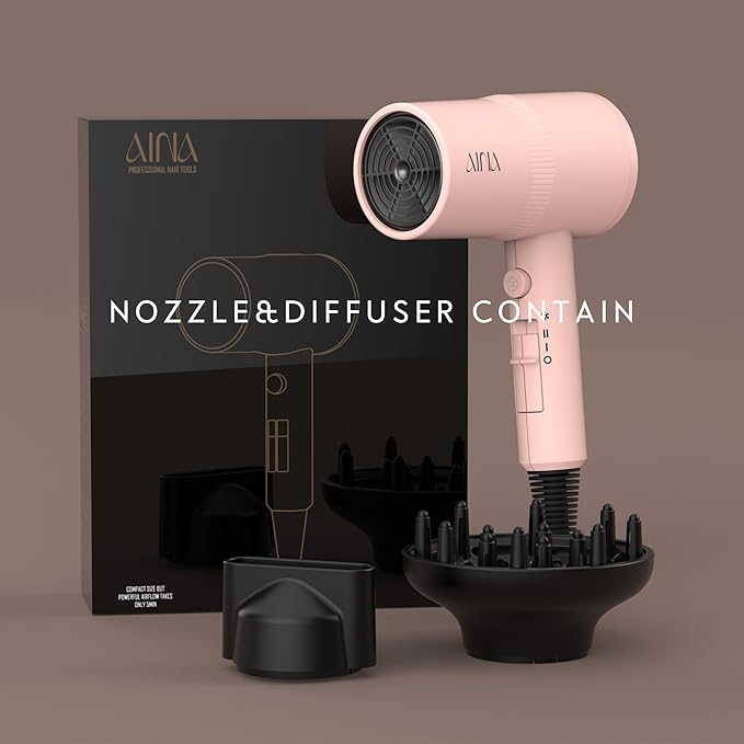 AINA Hair Dryer with Diffuser, Blow Dryer for Women | Advanced Ionic Technology, Ceramic Coating | Cold Shot Features Turbo Heat for Fast Drying and Shine 110V/ALCI (Babe Pink)