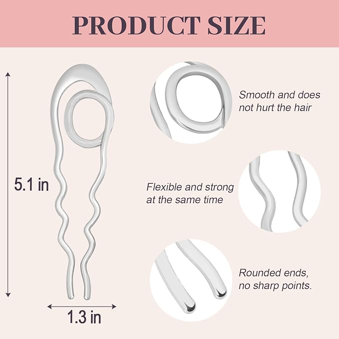IRIS 2PCS French Hair Pins Large U-Shaped Pins for Women and Girls Fashion Metal Hair Pin French Twist Hair Pins for Buns, Updos,Stylish and Functional(set7-silver)