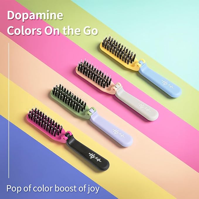 Uffy MiniPop Travel Hair Brush – Mini Folding Boar Bristles for Women, Men & Kids | Kid-Friendly Compact Comb for Wet & Dry Hair, Curly or Straight | Pocket-Size Detangler - Coral Pink on Soft Grey