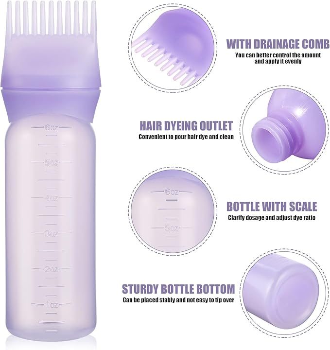 Pimoys Root Comb Applicator Bottle 6 Ounce, Oil Applicator for Hair Dye, Hair Oiling Bottle Brush with Graduated Scale, Purple