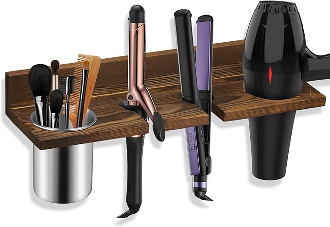 Hair Tool Organizer Wall Mounted - Wooden Dryer Holder, Blow Dryer Holder for Bathroom, Rustic Styling Tools Organizer for Flat Iron, Curling Wand, Hair Straighteners, Brushes, Brown
