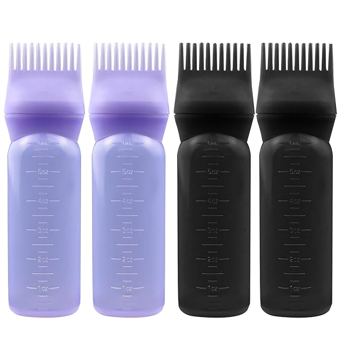 ELANE 4 Pack Hair Oiler Comb Bottle,Root Comb Applicator Bottle for Hair Oil Scalp Hair Oiling Applicator(2Black+2Purple)
