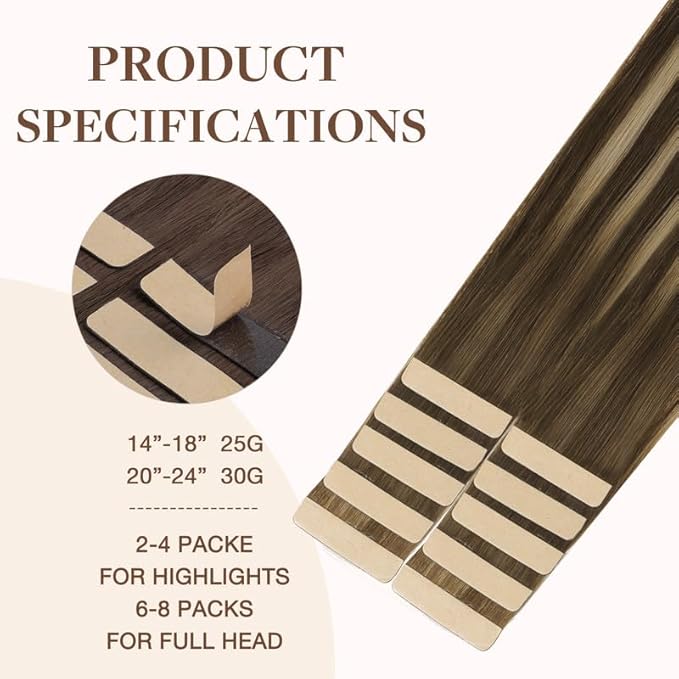 GOO GOO Tape in Hair Extensions Human Hair, 4/26/4 Balayage Chocolate Brown to Honey Blonde, 20inch 30g 10pcs, Skin Weft Seamless Invisible, Silky Straight with Thick Ends, Remy Human Hair