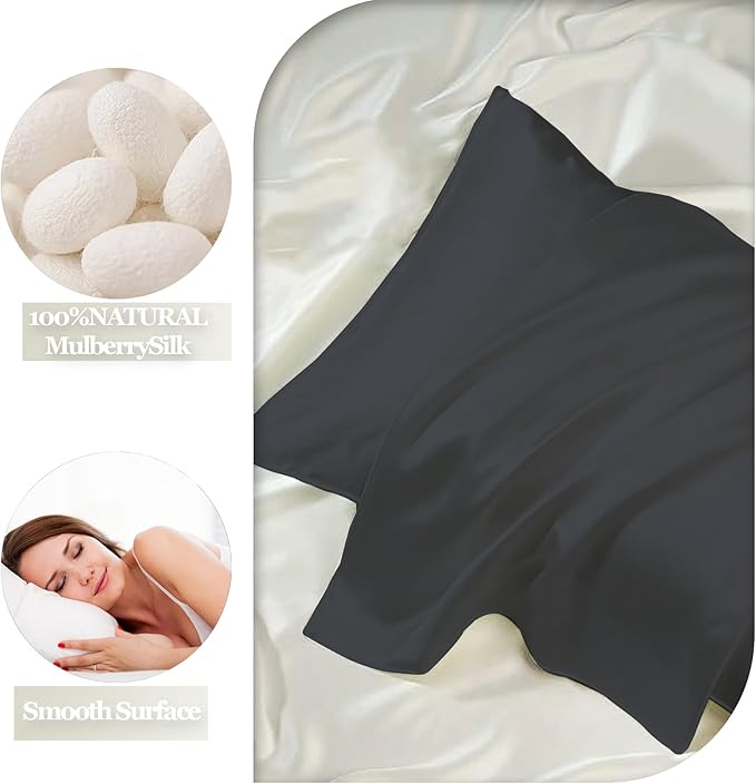 Silk Pillow Cases - 6A Luxury 100% Mulberry Silk Pillowcase for Hair and Skin - Anti-Wrinkle, Cooling & Smooth, Hidden Zipper - Pillowcases for Sleeping Women (Black, Standard)
