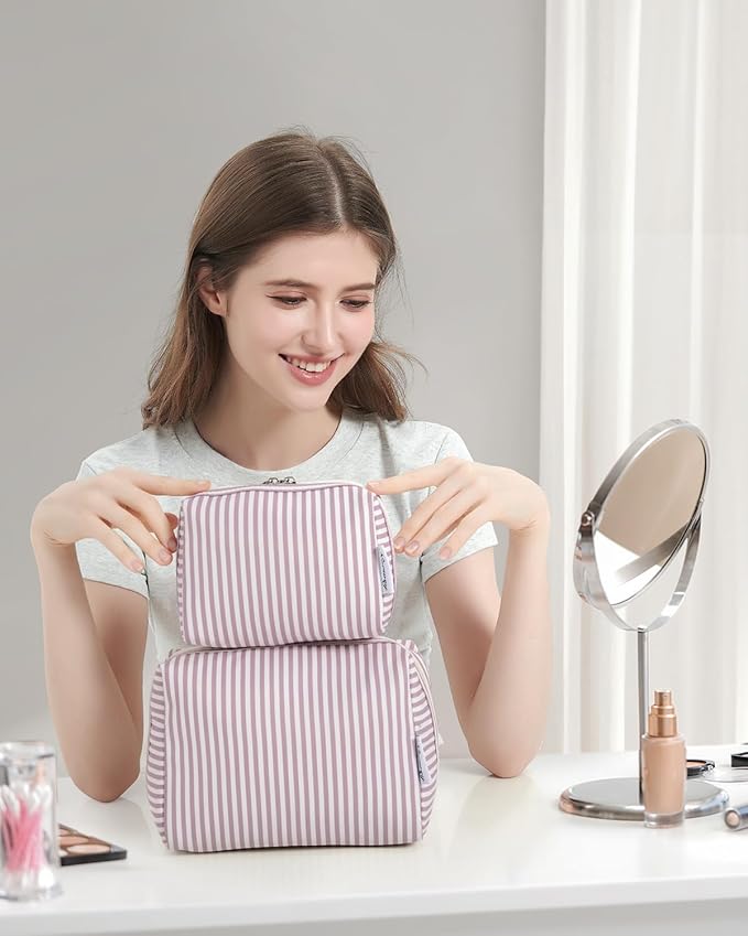 Narwey Striped Makeup Bag Travel Cosmetic Bag Organizer Toiletry Bag Make Up Bags with Compartments for Women Girls (Large, Dusty Rose Stripe)