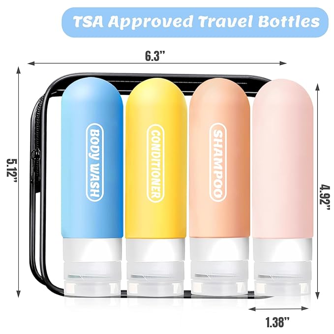 Silicone Travel Bottles for Toiletries with Labels, 3oz TSA Approved Squeezable Travel Size Containers, Leak Proof Travel Shampoo and Conditioner Bottles with Toiletry Bag (4 Pack, Light Color)