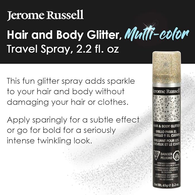 Jerome Russell Temporary Hair and Body Glitter Color Spray, Travel Spray, Lightweight, Adds Sparkly Shimmery Glow, Perfect to use On Hair, Skin, or Clothing, 2.2 oz - Multi-Color x 1 Pack
