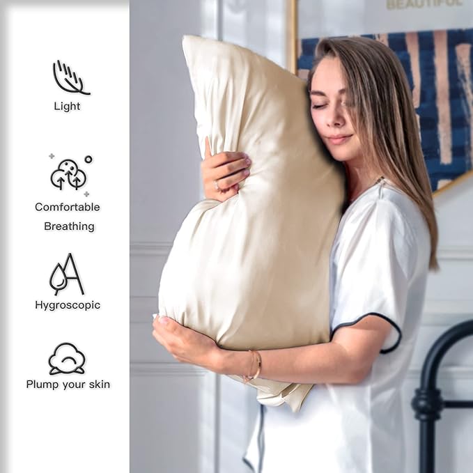 Natural Mulberry Silk Pillowcase for Hair and Skin Standard Size 20"X 26" with Hidden Zipper Soft Breathable Smooth Cooling Covers for Sleeping(Champagne,Standard,1Pcs)