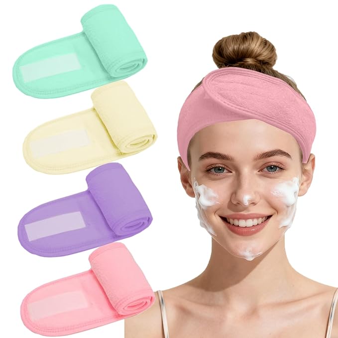 4 Pack Adjustable Makeup Headbands – Non-Slip Spa & Facial Hair Wrap, Washable Headband for Shower, Yoga, Gym, Salon & Home Use (Fits All), HZFD-BE