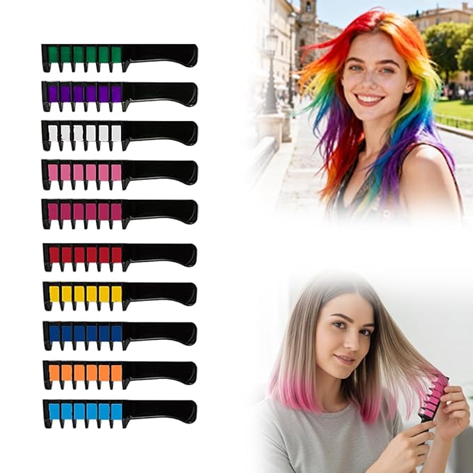 Festive Fun Hair Chalk Combs, Temporary Hair Dye Chalk Comb, Instant Hair Color Comb Washable Quick Dry Vibrant Temporary Color for All Ages for Birthday Party, Christmas Gifts (6 Colors) (10pcs)