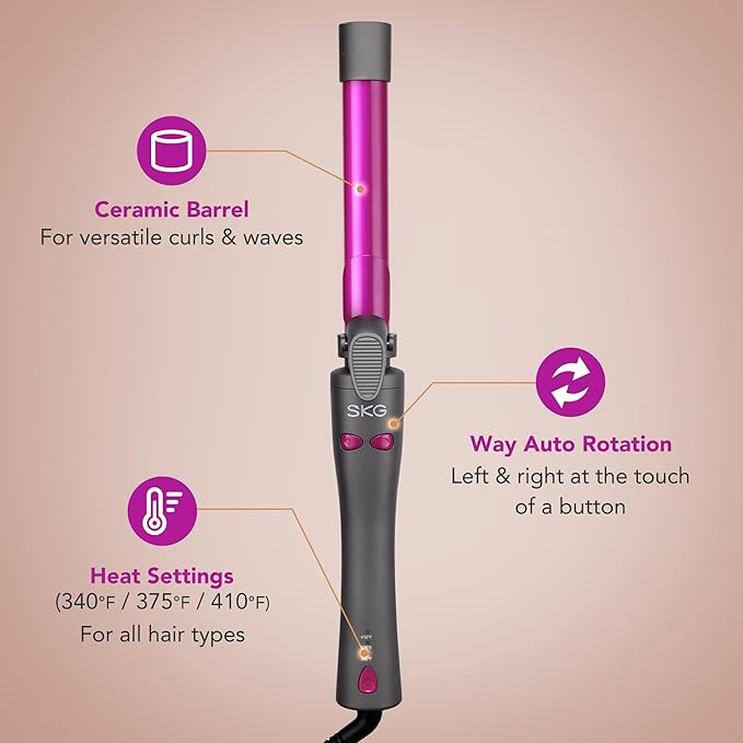 SKG Automatic Rotating Curling Iron, 1-Inch Ceramic Barrel, 2-Way Rotation, 3 Heat Levels, 60s Fast Heating, 30-Min Auto Shut-Off, Dual Voltage, for Effortless Beach Waves & Curls