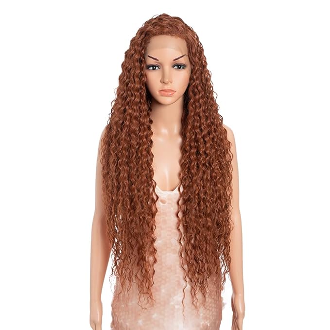 Style Icon 36”Super Long Curly Wig C-Shaped Side Part Lace Wig Afro Baby Hair Synthetic Orange Red Color Wigs(36 inches, 130T)