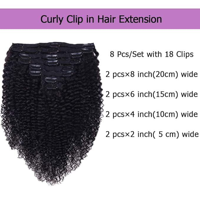 Curly Clip in Hair Extensions For Black Women Brazilian Virgin Human Hair Clip in Extensions for Women 8Pcs Remy Hair with 18Clips 120g 24inch Natural Black