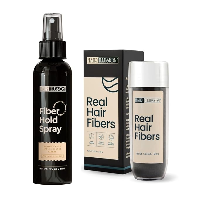 Hair Illusion Dark Brown Real Hair Fibers and Holding Spray for Thinning Hair and Bald Spot Cover Up - 100% Natural Texture, Non-Synthetic Fibers for Women & Men - 38 Gram
