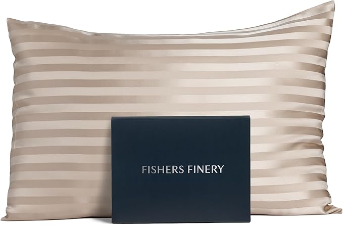 Fishers Finery 25mm 100% Pure Mulberry Silk Pillowcase (Taupe Stripe Standard)