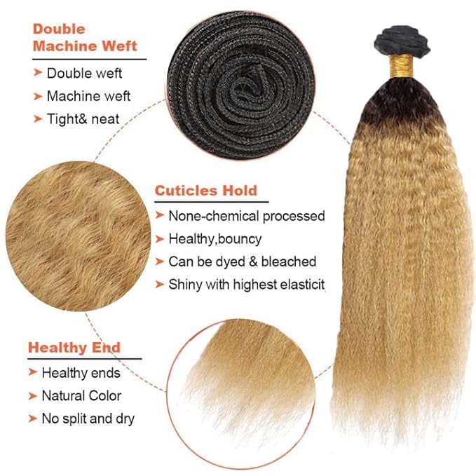 Ombre Blonde Bundles Human Hair 1B27 Kinky Straight Bundle Niegmeag Virgin Remy Hair 3 Bundles 26 28 30 Inch 2 Tone Black and Honey Blonde Yaki Bundle 150g