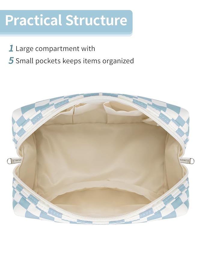 Narwey Checkered Makeup Bag Travel Cosmetic Bag Organizer Toiletry Bag Make Up Bags with Compartments for Women Girls((Large, Sky Blue Checkerboard)