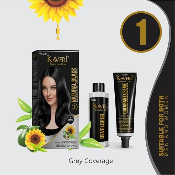 Kaveri Creme Hair Color Permanent Hair Dye Color - With Improved Creme Formula for 100% Gray Coverage Ammonia Free Hair Color Dye for Rich Bright Long lasting (Natural Black, 3.04 Fl Oz)