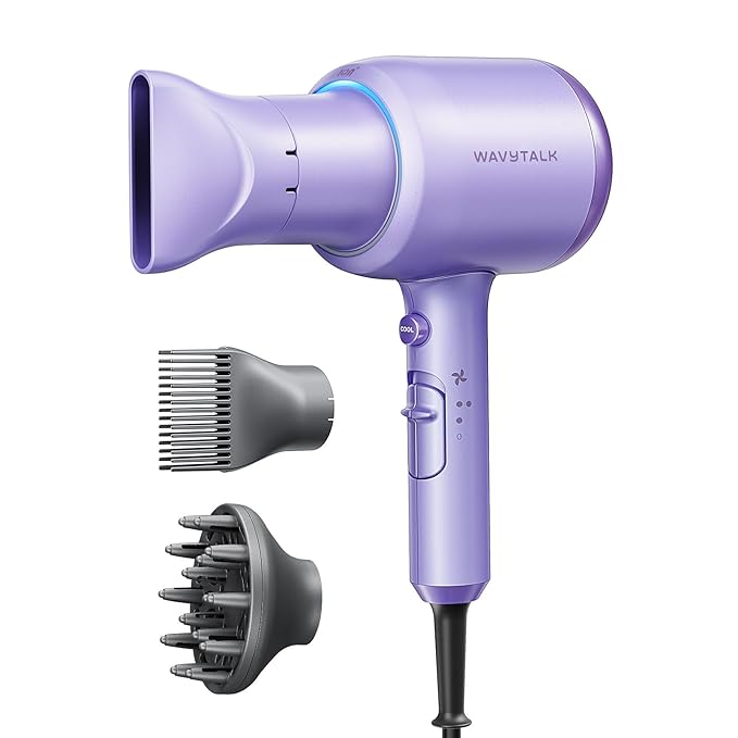 Wavytalk Blow Dryer with Diffuser, Blown Away Ionic Hair Dryer for Curly Hair with Comb, 1875W Fast Drying Blow Dryer with Ceramic Technology, 3 Attachments for All Hair Types, Light and Quiet, Purple