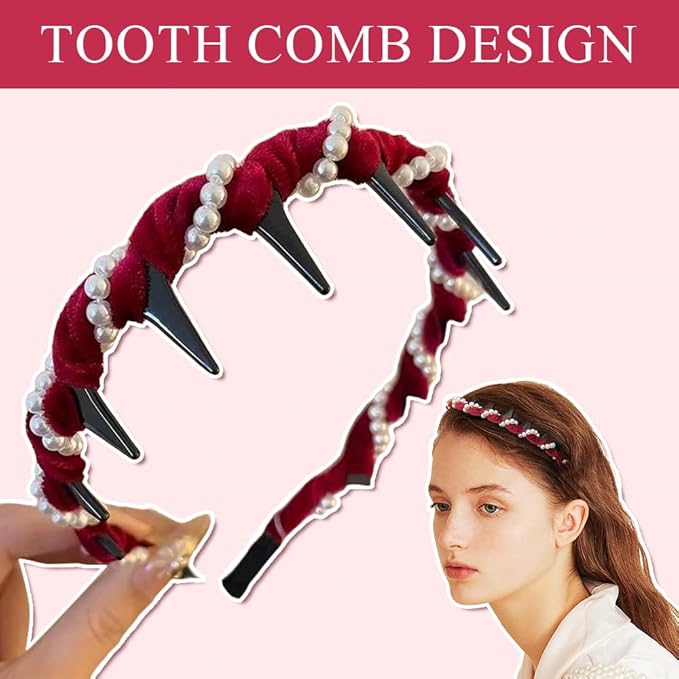Vintage High Cranium Artificial Pearl Hairband, New Elegant Braided Pearls Headbands with Teeth for Women, Anti-slip Decorative Hair Bands Fashion Hair Accessories Gifts (Burgundy, One Size)