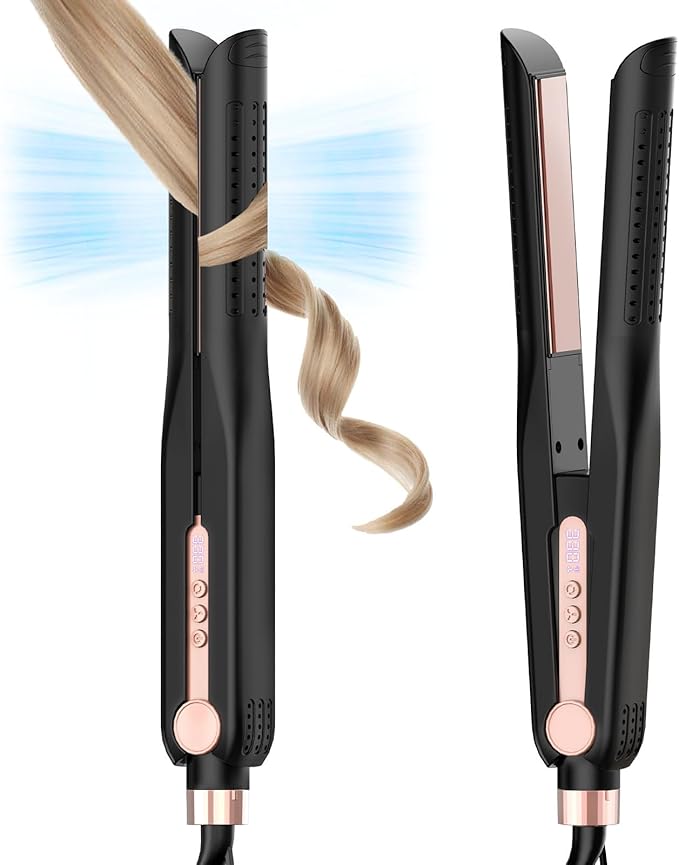 SKIMI Airflow Styler, Titanium Flat Iron Hair Straightener, Professional Curling Iron with Cooling Air Vents to Lock in Style, 5 Temps & Dual Voltage, Auto Off (Black & Rose Blush).