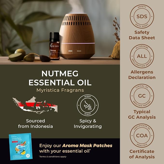 Gya Labs Nutmeg Essential Oil - 0.34 Fl Oz - for Hair, Skin, Diffuser, Aromatherapy & DIY Candle Making Scent