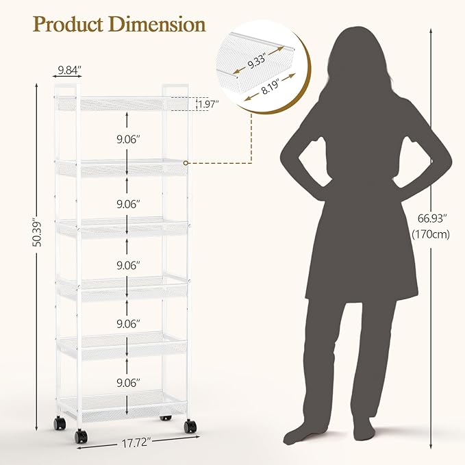 6 Tier Slim Rolling Storage Cart, Narrow Mobile Shelving Unit Organizer Utility Cart with Wheels, Metal Wire Storage Rack with Baskets for Kitchen, Bathroom, Laundry & Living Room, 10in(W) White