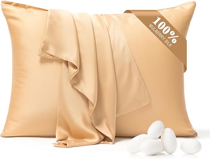100% Pure Silk Pillowcase 2 Pack for Hair and Skin, Both Sides 23 Momme Grade 6A+ Mulberry Silk Pillowcases with Hidden Zipper, Soft&Smooth Cooling Pillow Cases (Champagne, Standard 20x26)
