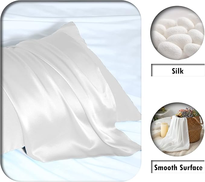 SUATIEN Mulberry Silk Pillow Cases Standard Size Silk Pillowcase for Hair and Skin with Zipper Soft Breathable Smooth Cooling Silk Pillow Case for Sleeping,Gifts for Women (White,20"X 26",1Pcs)