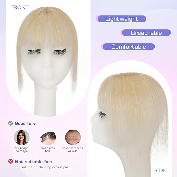 Hairro Bangs Hair Clip 3D 360°Cover Clip On Bangs Remy Human Hair Topper With Bangs Fringe French Bangs With Temples Clip In Bangs Hair Extensions 8 Inches 10g #60 Platinum Blonde