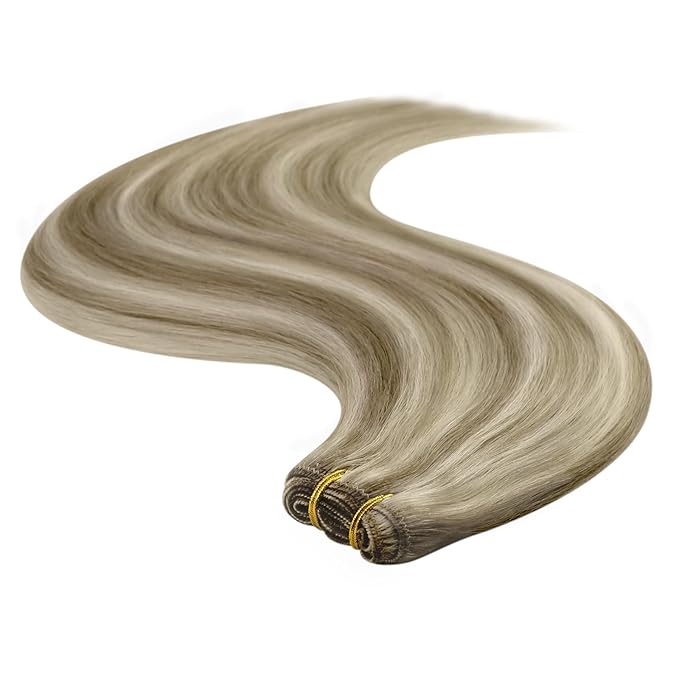 YoungSee Weft Hair Extensions Brown Blonde Sew in Hair Extensions Real Human Hair Light Brown with Blonde Highlight Sew in Extensions Long Straight Hair 22Inch 100G