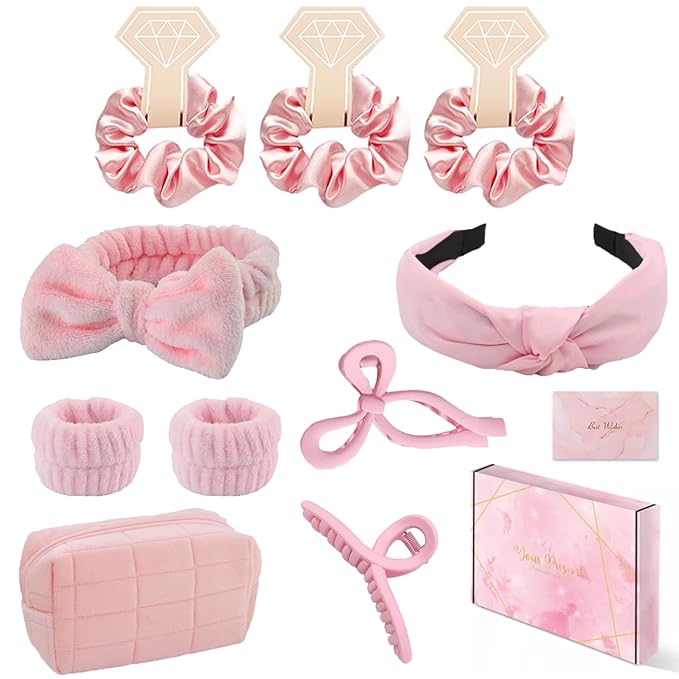 Spa Headband and Wristband Set Top Knotted Headbands Big Hair Claw Clips Butterfly Hair Accessories Satin Silk Scrunchies Quilted Makeup Bag Blank Cards Gift Box Gifts for Women and Teen Girl Gifts